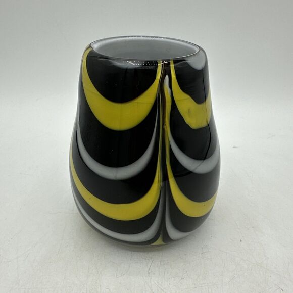 Vase Glass Hand Blown Black White Yellow Small 4.5” Candle Holder - Picture 6 of 15